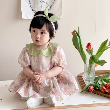 2023 Cvetlični Poletje Obleko igralne obleke za Otroka, Dekleta, Otroci Elegantno Tulipanov Tiskanja Bodysuits + Sundress Twin Sestra Ujemanje oblačila za Deklico