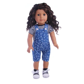 Moda Prugasta T-shirt Zgornji Traper Jumpsuit Punčko Oblačila, ki Za 18-inch American Doll Obleke Za 43 cm Lutke Otroka Accesssories