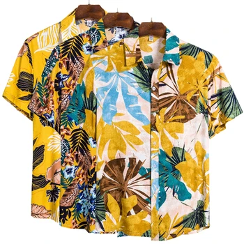 Moške Bombaž Poliester Poletje Majica Kratek Rokav Tropskih Listov Vzorec Hawaiian Beach Moške Srajce Priložnostne Bluzo Za Moške 2023