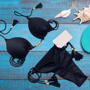 2 Kom/Set Plaža, Bikini Komplet Barva Čipke Povodcem Vratu Backless Tassel Plavanje Multi Oblazinjeni Trakov Ženske Kopalke Swimm