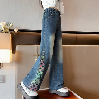 Moda 2023 Dekleta Širok Noge Jeans Oblačila Otroci Pisane Tassle Mozaik Svoboden Traper Hlače Otrok Novost Dna Oblačila