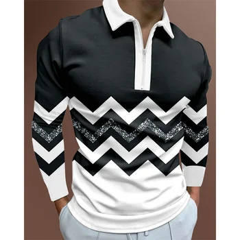 Geometrijski Vzorec Natisnjene Osebno Dolgimi rokavi, Polo Majica, Ulica Priložnostne Trend Vitek Vgradnjo moška Polo Majica.