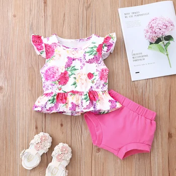 Poletje 2pcs Določa Baby Dekle Oblačila, ki Cvet Tiskanja Ruffles, ki Plujejo pod Rokav Vrhovi+roza Hlačke Dihanje Baby Dekle Obleko 0-18 M