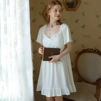 Poletje Ženske Pižame Luksuzni Barva Kvadratnih proti-vrat Sleepwear Srednje Dolžine francoski Princesa Elegantno Občutljivo Bombaž Homewear