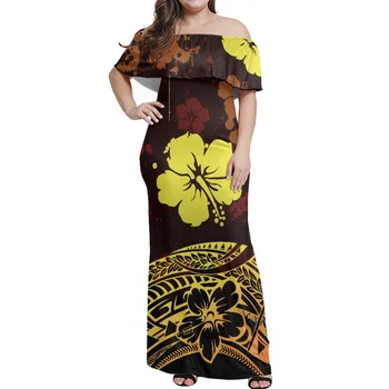 Polinezijski Plemenski Fijian Totem Tatoo Obleko Za Ženske, Poletni Plaži Swing, Off Rami, Hibiscus Cvetlični Vzorec, Razkošje, Seksi