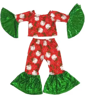 Božič Dekle Obleko sklop Mleko svilene tkanine, Rdeči in zeleni barvi z bleščicami okrašena dva kosa dolg rokav flare hlače Moda dekle dr.