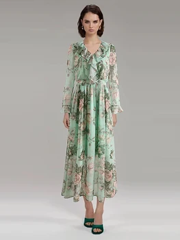 Dame Visoke Kakovosti Modo Jeseni Šifon Natisnjeni Boho Naguban Stranka Moda Elegantno Plaža Počitnice Elegantna Dolge Obleke Za Ženske