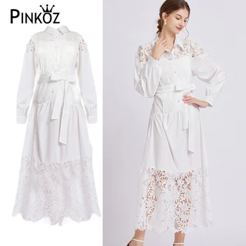 Pinkoz pomlad jesen nova moda belo obleko za ženske mozaik čipke votlih iz znižuj ovratnik elegantno svoboden velikost obleka s pasom
