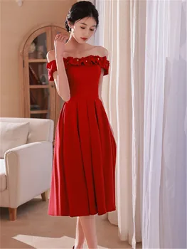 Elegantno Obleko Vino Rdeče brez naramnic Beading Peplum Barva Mid-dolžina A-line Krilo Moda Večerno obleko M343