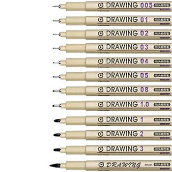 12Piece Slikarstvo, Umetnost, Peresa, Črna Fine Line Nepremočljiva Črnilo Set Art Potrebščine Oznake za Risanje Skice Anime Akvarel